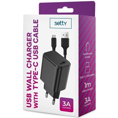 TF Caricatore Setty a muro USB 3A + Cavo Type-C Nero