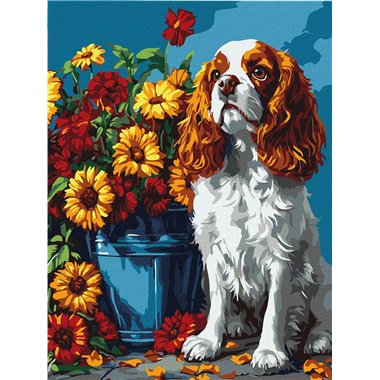 Painting by Numbers 30х40 KHO6673 A spaniel and flowers