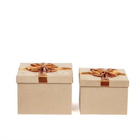 SIL Set 2 Scatole Vell.+Fiocco Crema/Oro 25x25x18-22x22x16 cm.