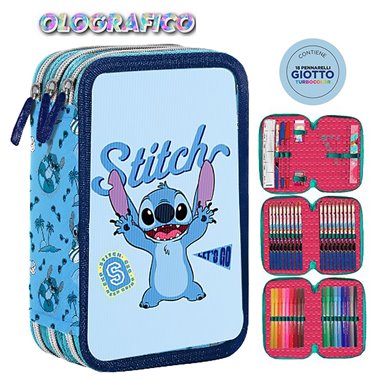 SC 26 Astuccio 3 Zip Olografico Stitch Azzurro