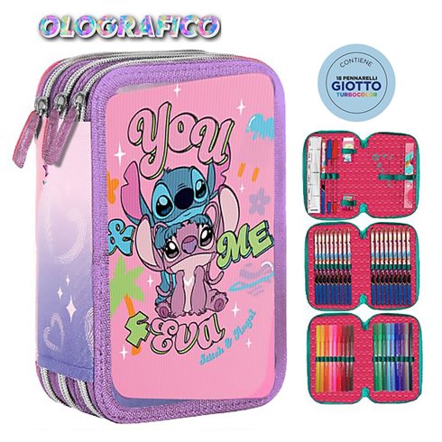 SC 26 Astuccio 3 Zip Olografico Stitch Rosa